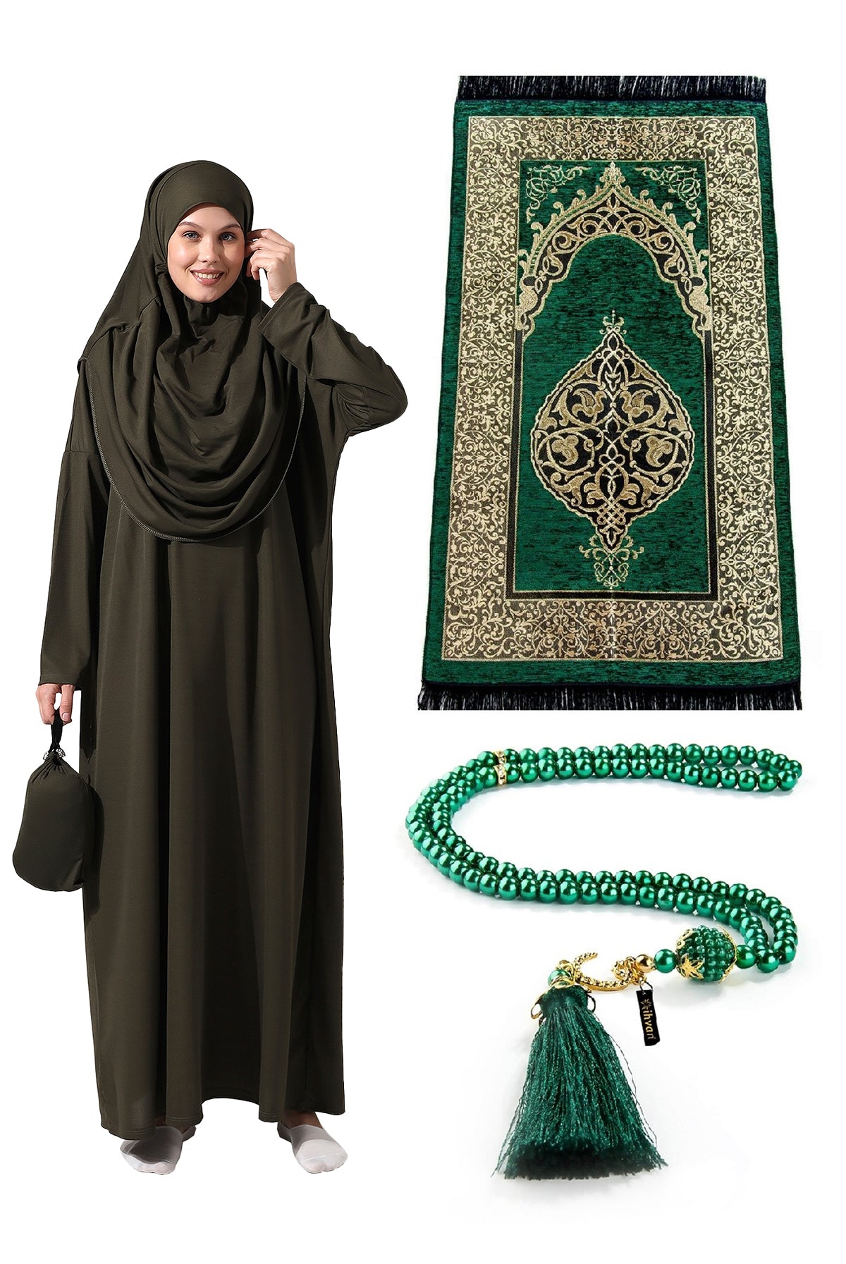 One - Piece Full - Length Long Sleeve Hijab Abaya Dresses for Women with Prayer Rug & Rosary - ihvan