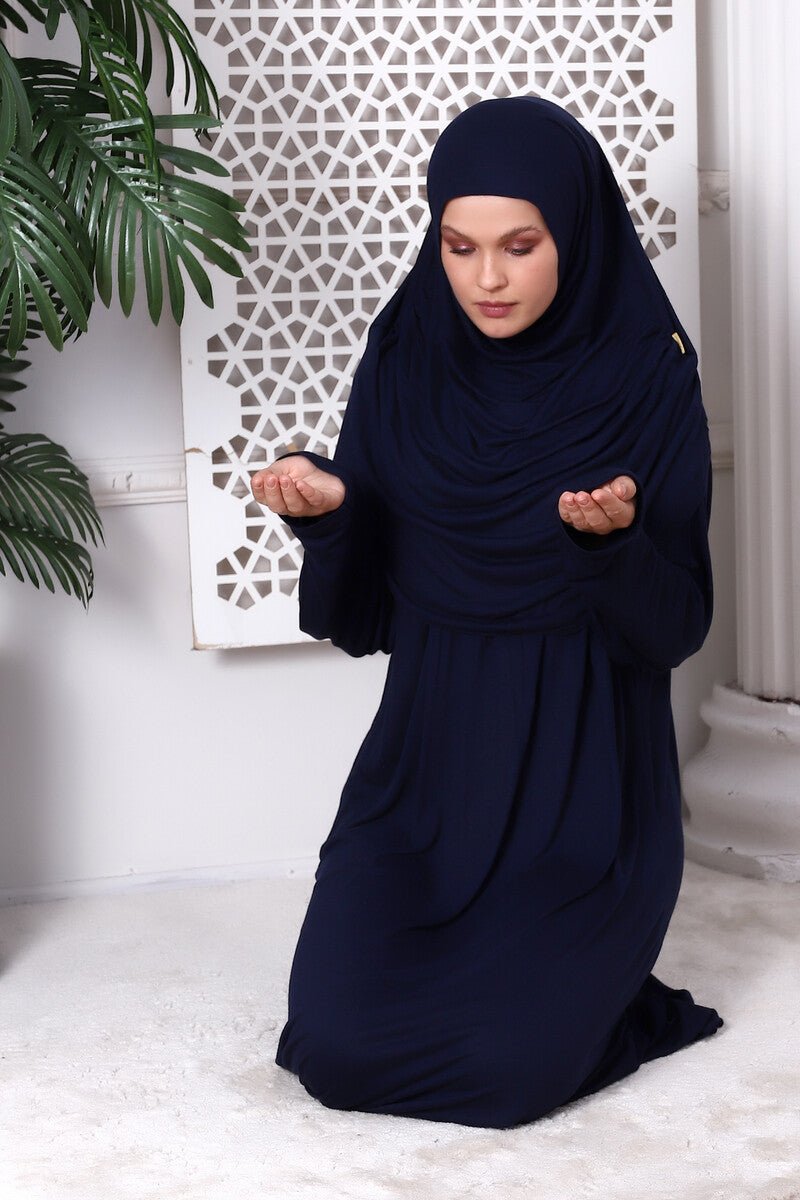 One-Piece Muslim Prayer Dress with Hijab | Full Coverage Islamic Dress | Prayer Abaya with Attached Scarf -Ihvan