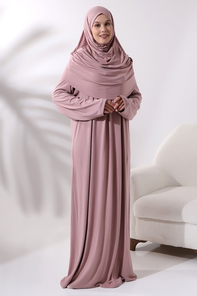 One-Piece Muslim Prayer Dress with Hijab | Full Coverage Islamic Dress | Prayer Abaya with Attached Scarf -Ihvan
