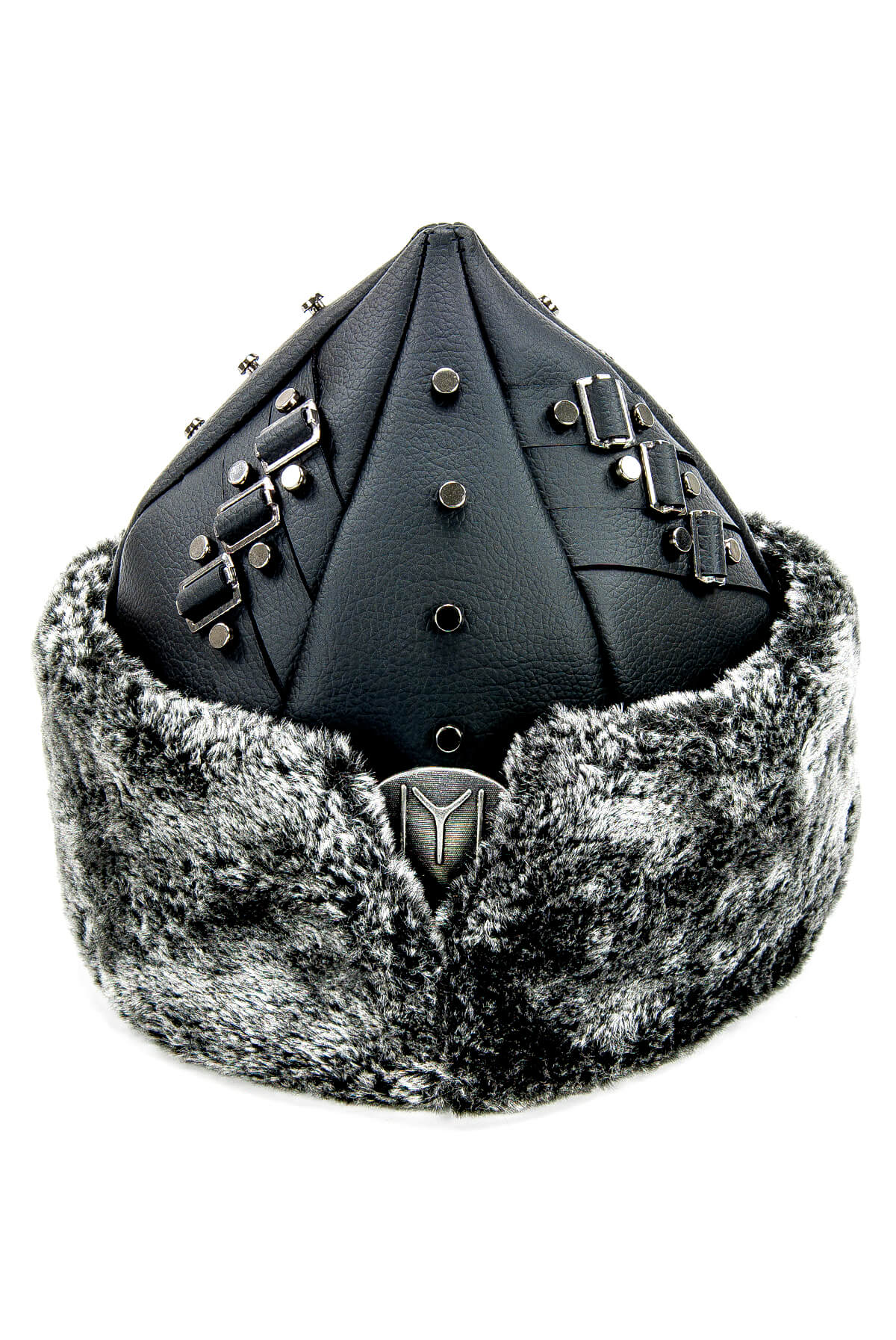 Ottoman Bork Hat | Black Faux Leather & Gray Fur Winter Cap | Turkish Heritage Ertugrul Hat - Ihvan