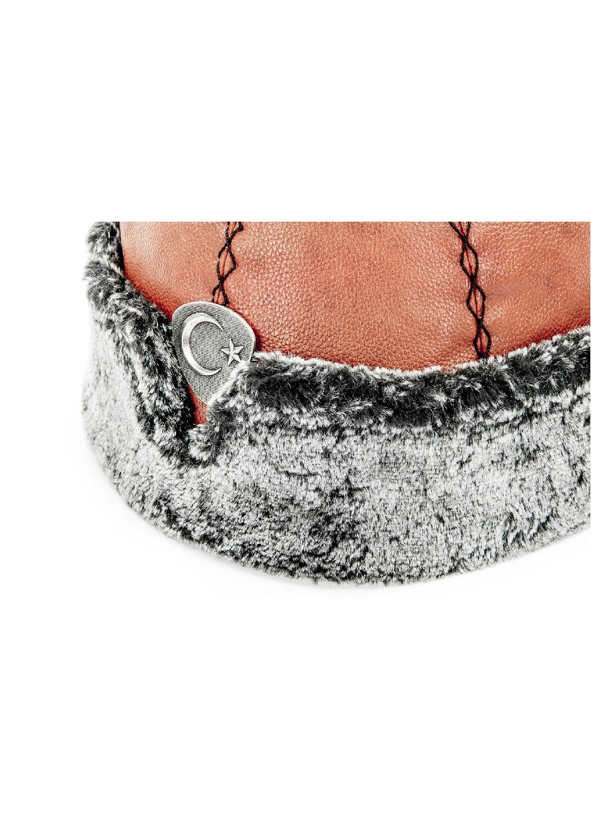 Turkish Ertugrul Ottoman Brown Leather and Gray Fur Winter Bork Hat, Moon and Star - ihvan