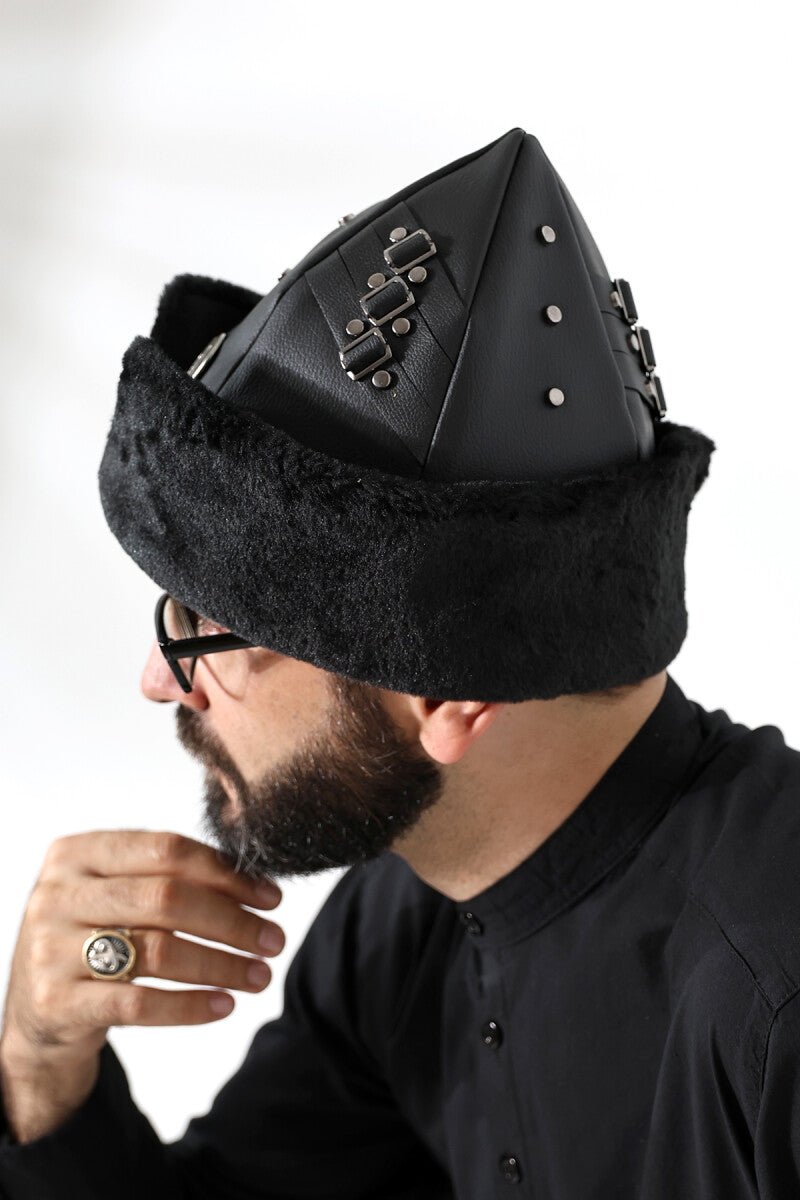 Turkish Ottoman Bork Hat, Ertugrul Leather Fur Winter Cap, Moon and Star, Black Faux Fur and Black Faux Leather - ihvan