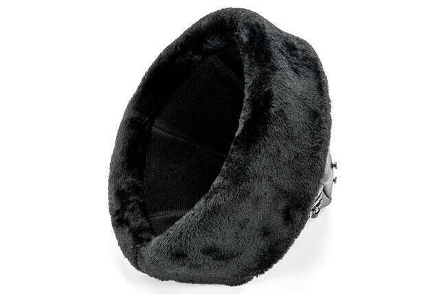 Turkish Ottoman Bork Hat, Ertugrul Leather Fur Winter Cap, Moon and Star, Black Faux Fur and Black Faux Leather - ihvan