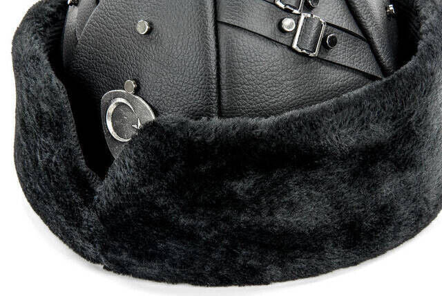 Turkish Ottoman Bork Hat, Ertugrul Leather Fur Winter Cap, Moon and Star, Black Faux Fur and Black Faux Leather - ihvan