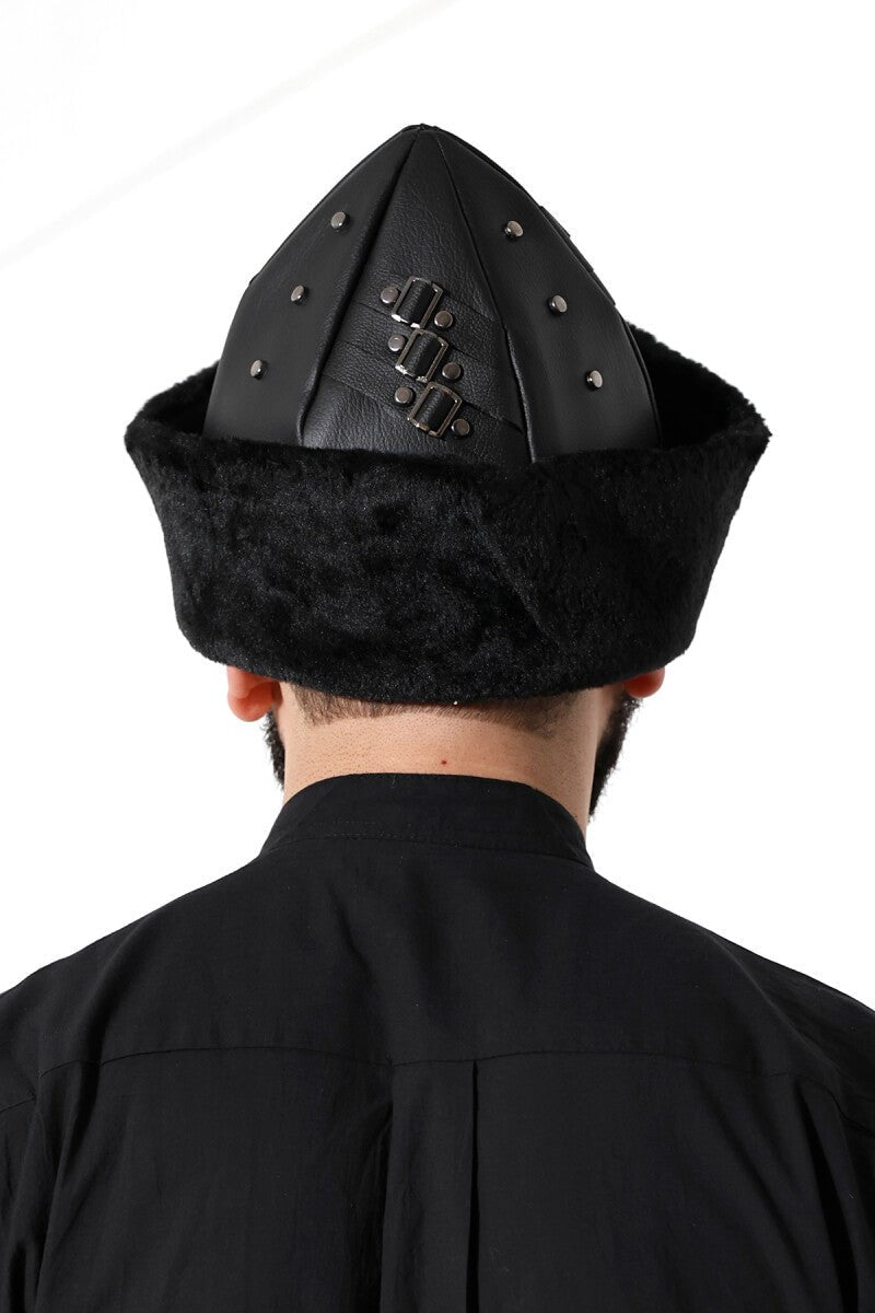 Turkish Ottoman Bork Hat, Ertugrul Leather Fur Winter Cap, Moon and Star, Black Faux Fur and Black Faux Leather - ihvan
