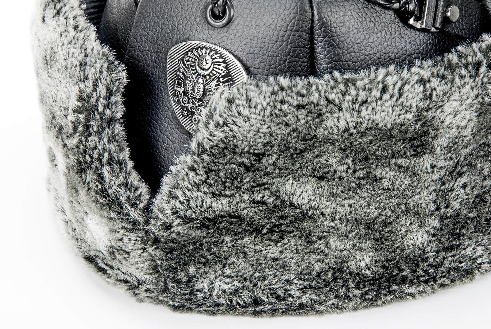 Turkish Ertugrul Ottoman Black Leather and Gray Fur Winter Bork Hat, Ottoman Emblem - ihvan