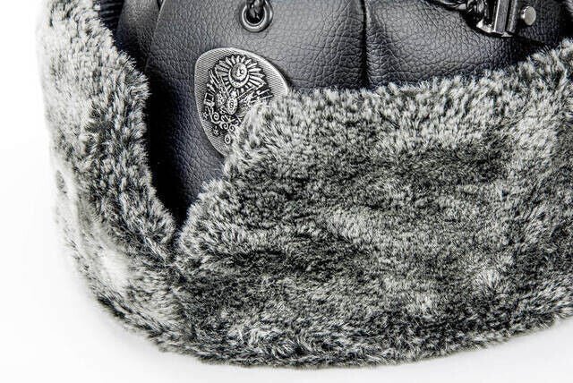 Turkish Ottoman Bork Hat, Ertugrul Leather Fur Winter Cap, Grey Faux Fur and Black Faux Leather - ihvan