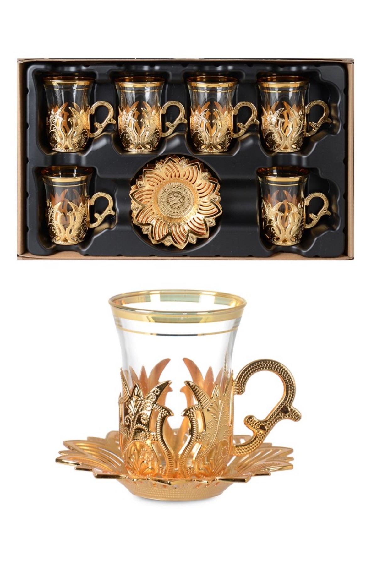12 Piece Turkish Nostalgic Tea Glasses Set and Saucers for 6 Person, Turkish Tea, Wedding Gifts, Gold - ihvan