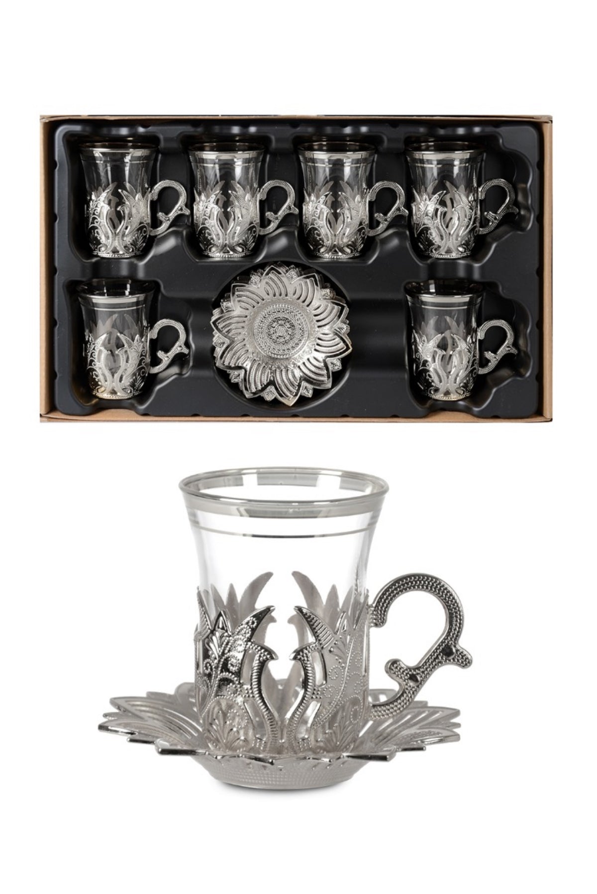 12 Piece Turkish Nostalgic Tea Glasses Set and Saucers for 6 Person, Turkish Tea, Wedding Gifts, Silver - ihvan