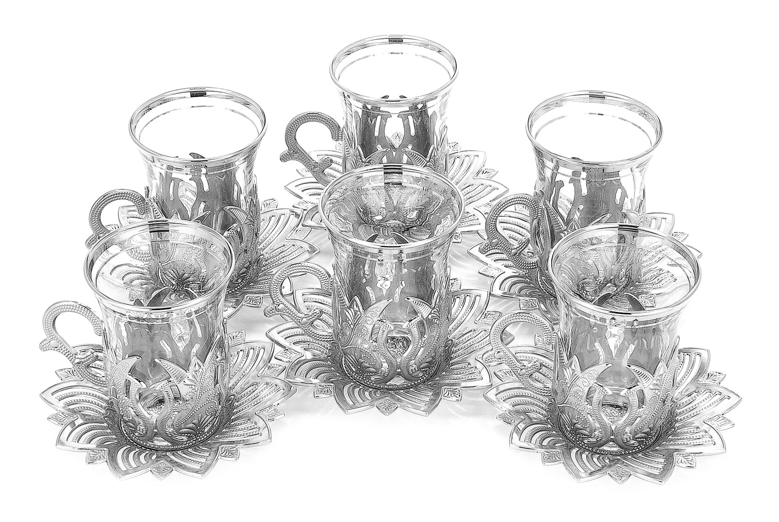 12 Piece Turkish Nostalgic Tea Glasses Set and Saucers for 6 Person, Turkish Tea, Wedding Gifts, Silver - ihvan