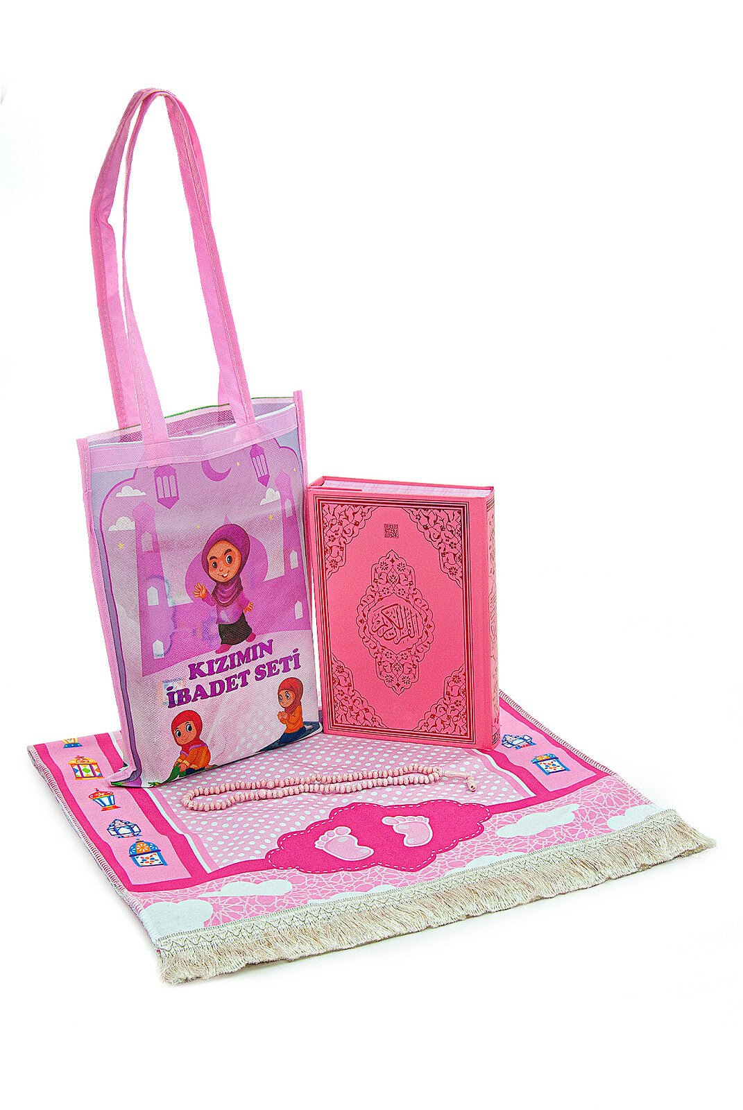 Pink Muslim Prayer Rug Set for Kids | Holy Quran, Tasbih, Mat & Worship Bag - Ihvan