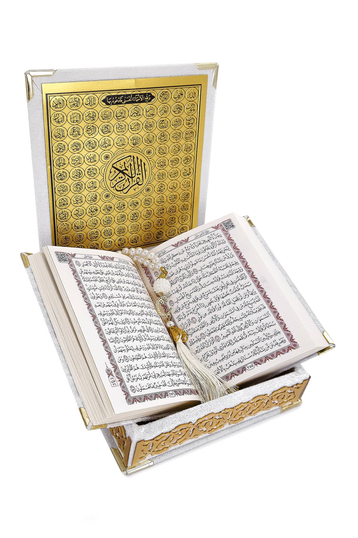 White Holy Quran Gift Set | Pocket-Size Velvet Qu'ran, Tasbih & Asma-ul Husna Box | Islamic Prayer Gift for Ramadan & Eid - Ihvan
