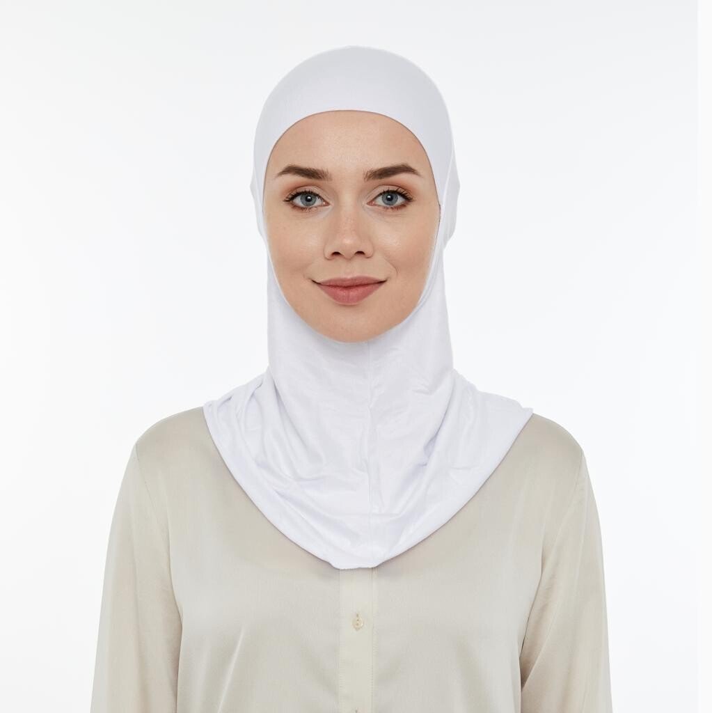 Hijab Undercap with Neck Collar | Practical Full Coverage Lycra Bonnet for Muslim Women - White - Ihvan