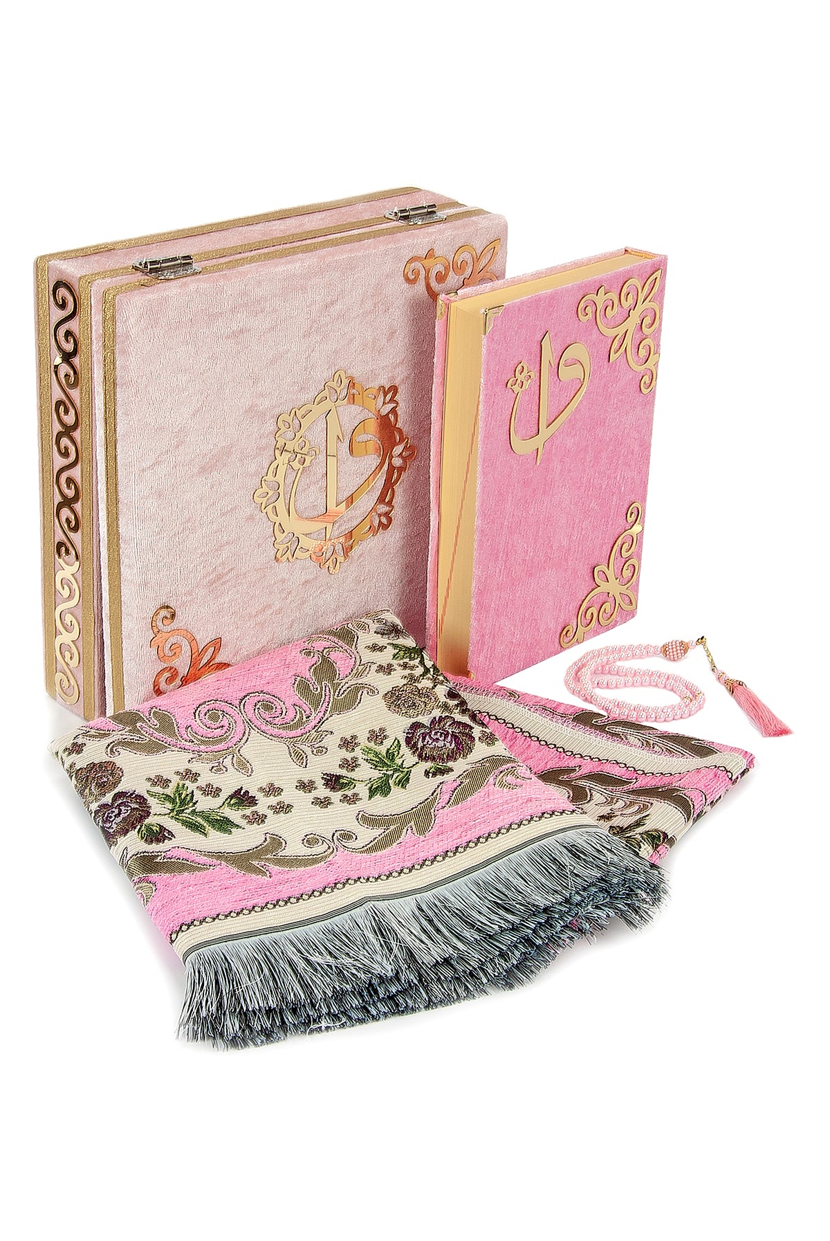 Pink Velvet Covered Quran Gift Set | Muslim Prayer Rug, Holy Quran & Tasbih & Box - Ihvan