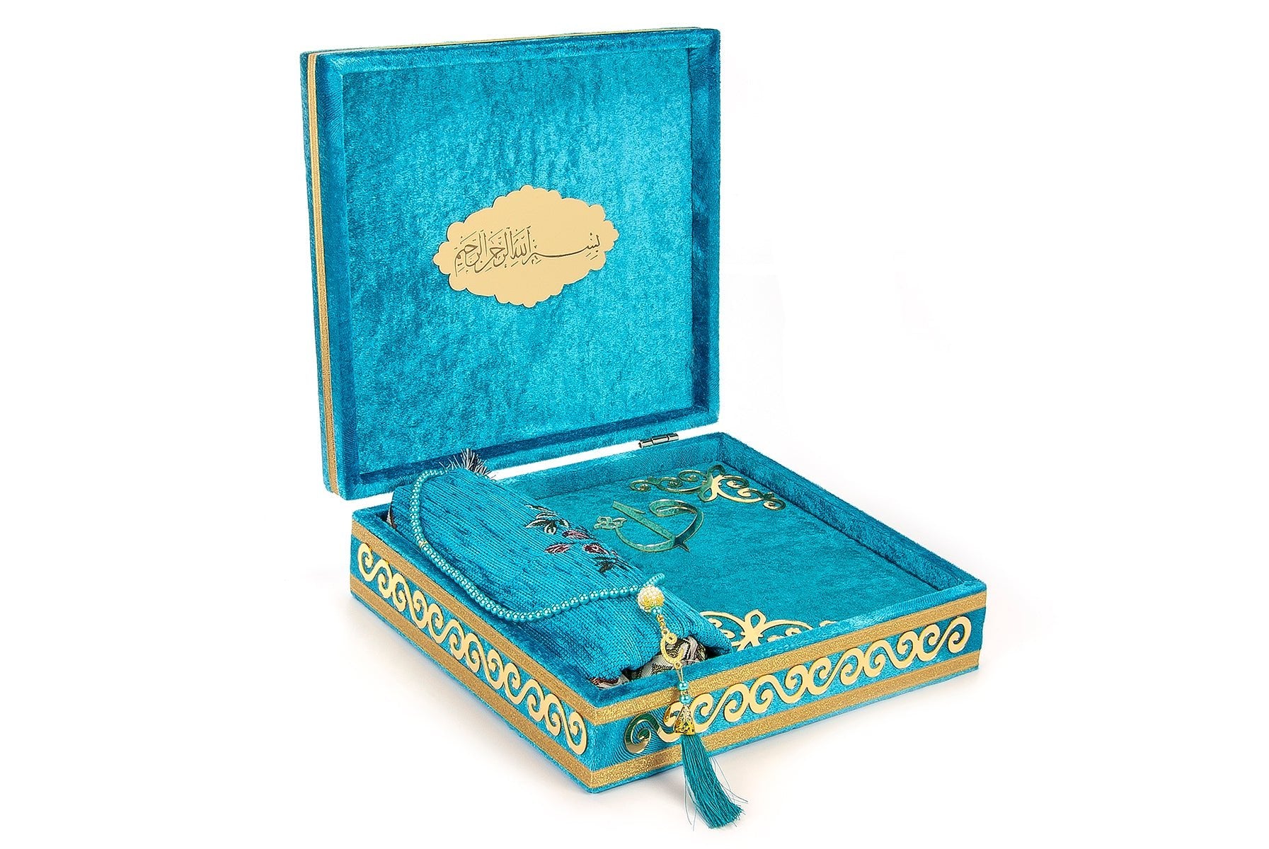 Petroleum Blue Velvet Covered Quran Gift Set | Muslim Prayer Rug, Holy Quran & Tasbih & Box - Ihvan