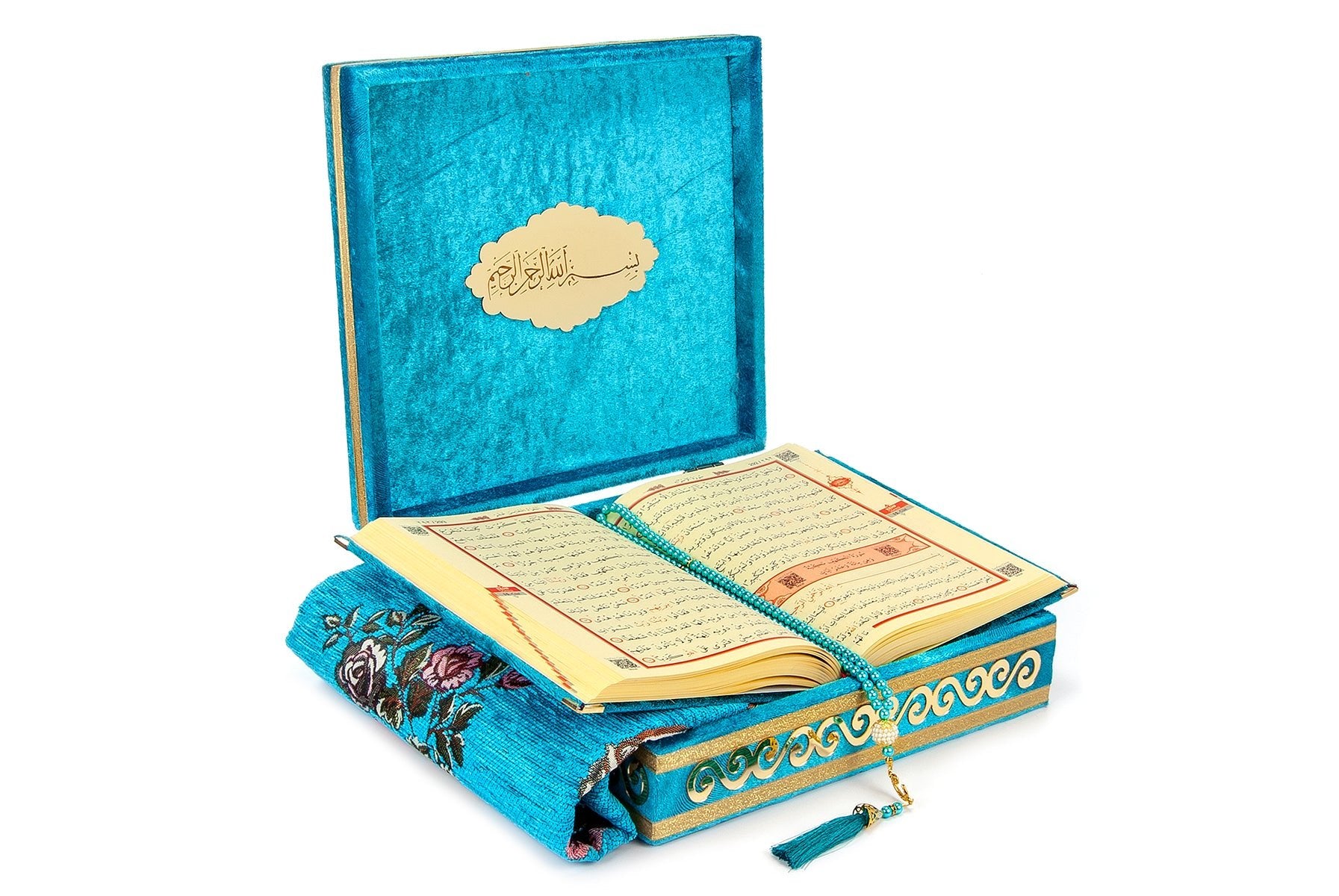 Petroleum Blue Velvet Covered Quran Gift Set | Muslim Prayer Rug, Holy Quran & Tasbih & Box - Ihvan