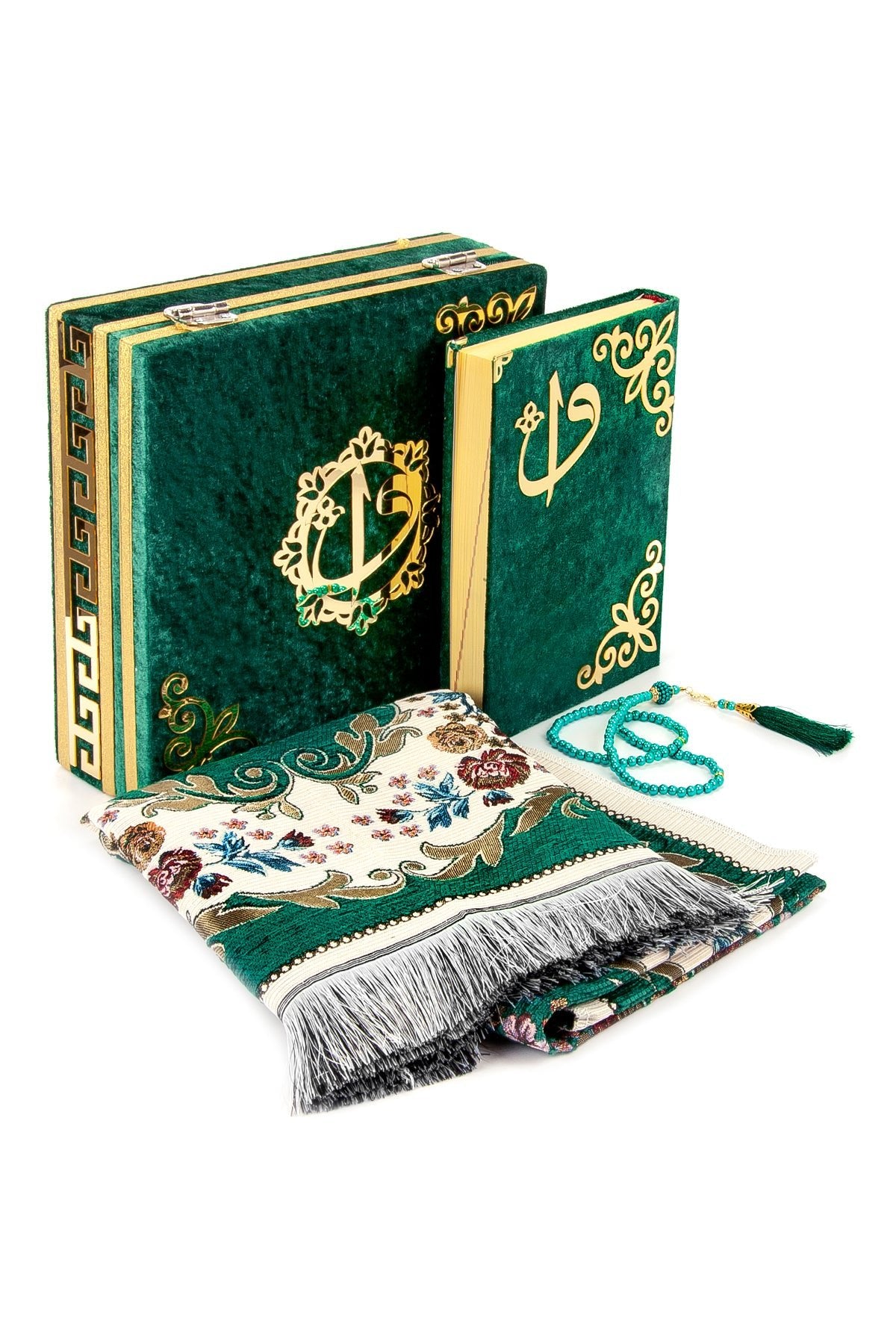 Green Velvet Covered Quran Gift Set | Muslim Prayer Rug, Holy Quran & Tasbih & Box - Ihvan