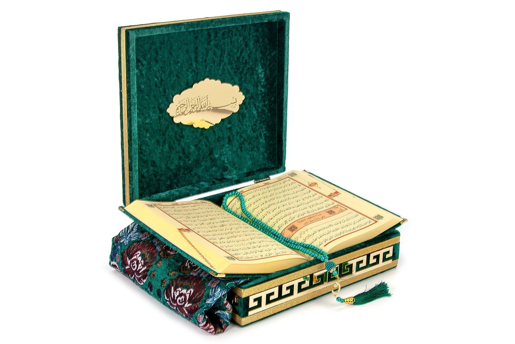 Green Velvet Covered Quran Gift Set | Muslim Prayer Rug, Holy Quran & Tasbih & Box - Ihvan