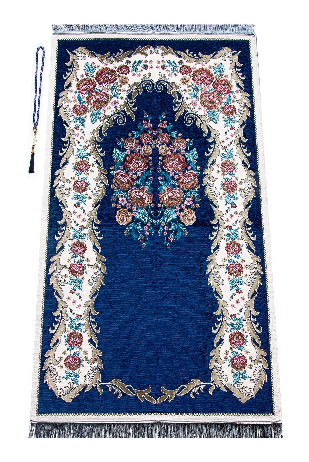 Blue Velvet Covered Quran Gift Set | Muslim Prayer Rug, Holy Quran & Tasbih & Box - Ihvan