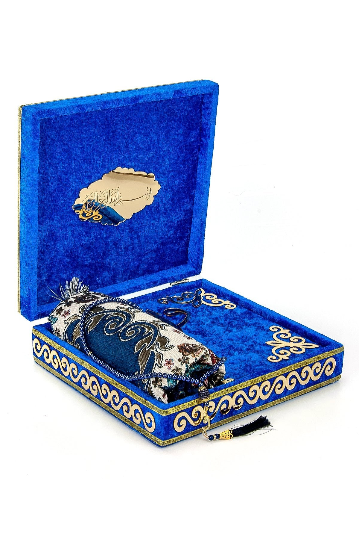 Blue Velvet Covered Quran Gift Set | Muslim Prayer Rug, Holy Quran & Tasbih & Box - Ihvan