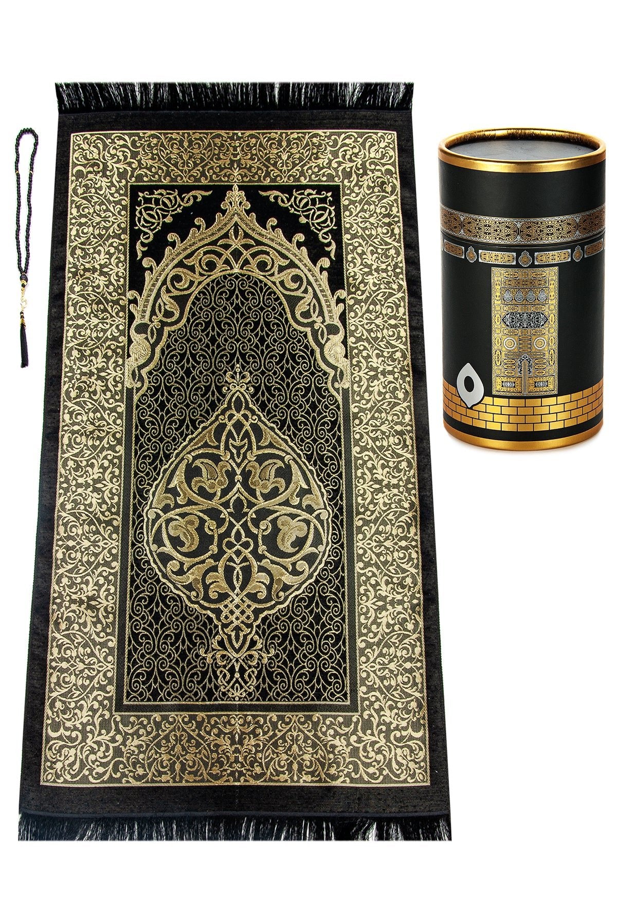 Lightweight Black Muslim Prayer Rug Set (Sajadah | Tasbih | Kaaba Cylinder Box) - Ihvan
