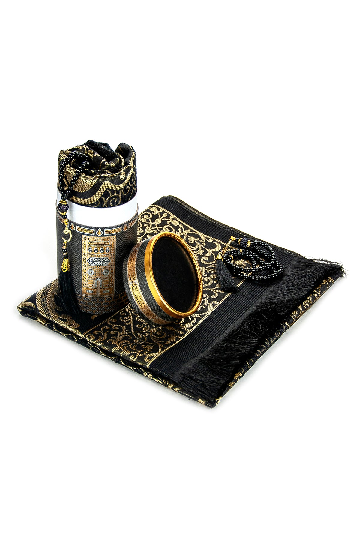 Lightweight Black Muslim Prayer Rug Set (Sajadah | Tasbih | Kaaba Cylinder Box) - Ihvan