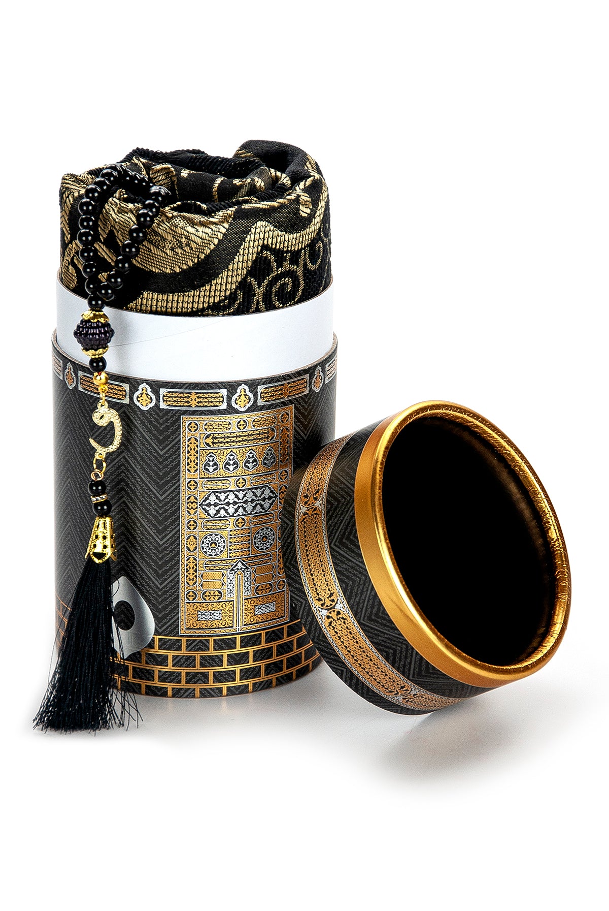 Lightweight Black Muslim Prayer Rug Set (Sajadah | Tasbih | Kaaba Cylinder Box) - Ihvan
