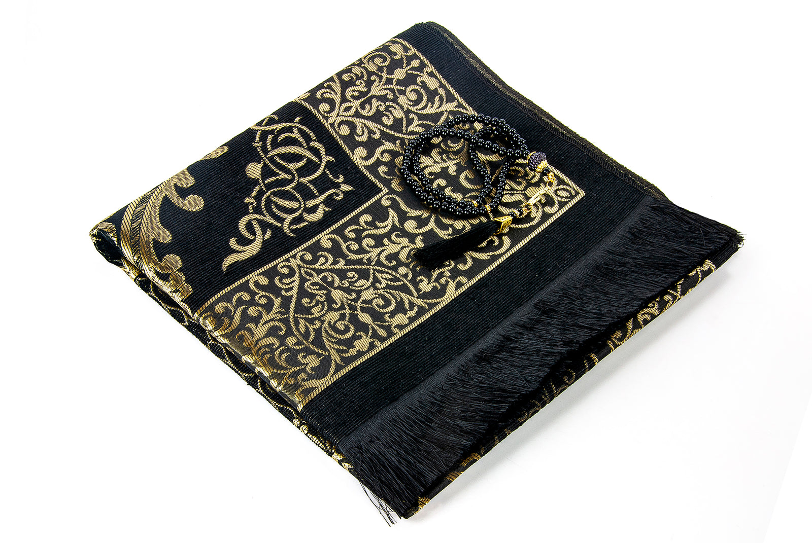 Lightweight Black Muslim Prayer Rug Set (Sajadah | Tasbih | Kaaba Cylinder Box) - Ihvan
