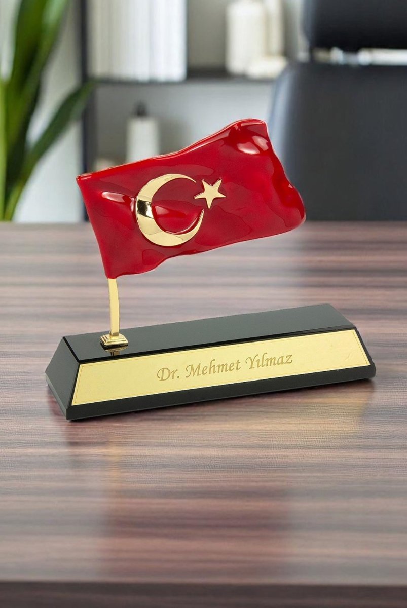 Personalized Turkish Flag Desk Name Plate | Custom Office Name Tag with Gift Box - Ihvan