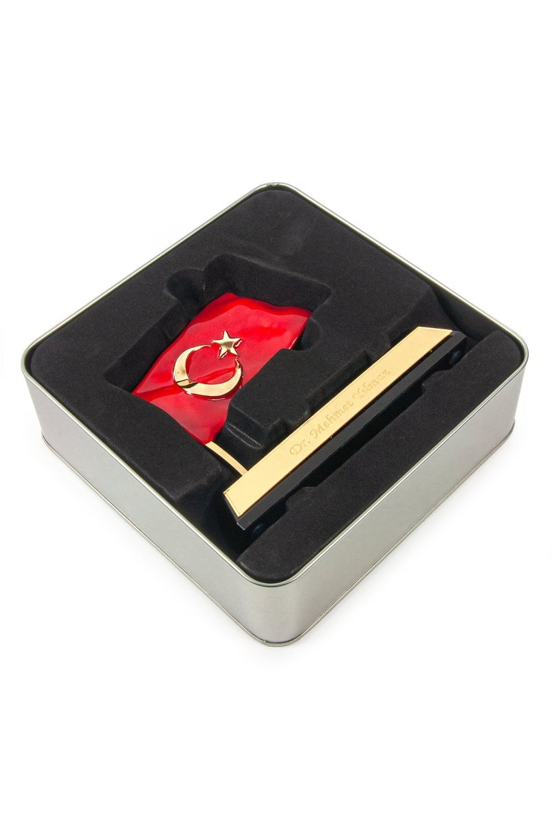 Personalized Turkish Flag Desk Name Plate | Custom Office Name Tag with Gift Box - Ihvan