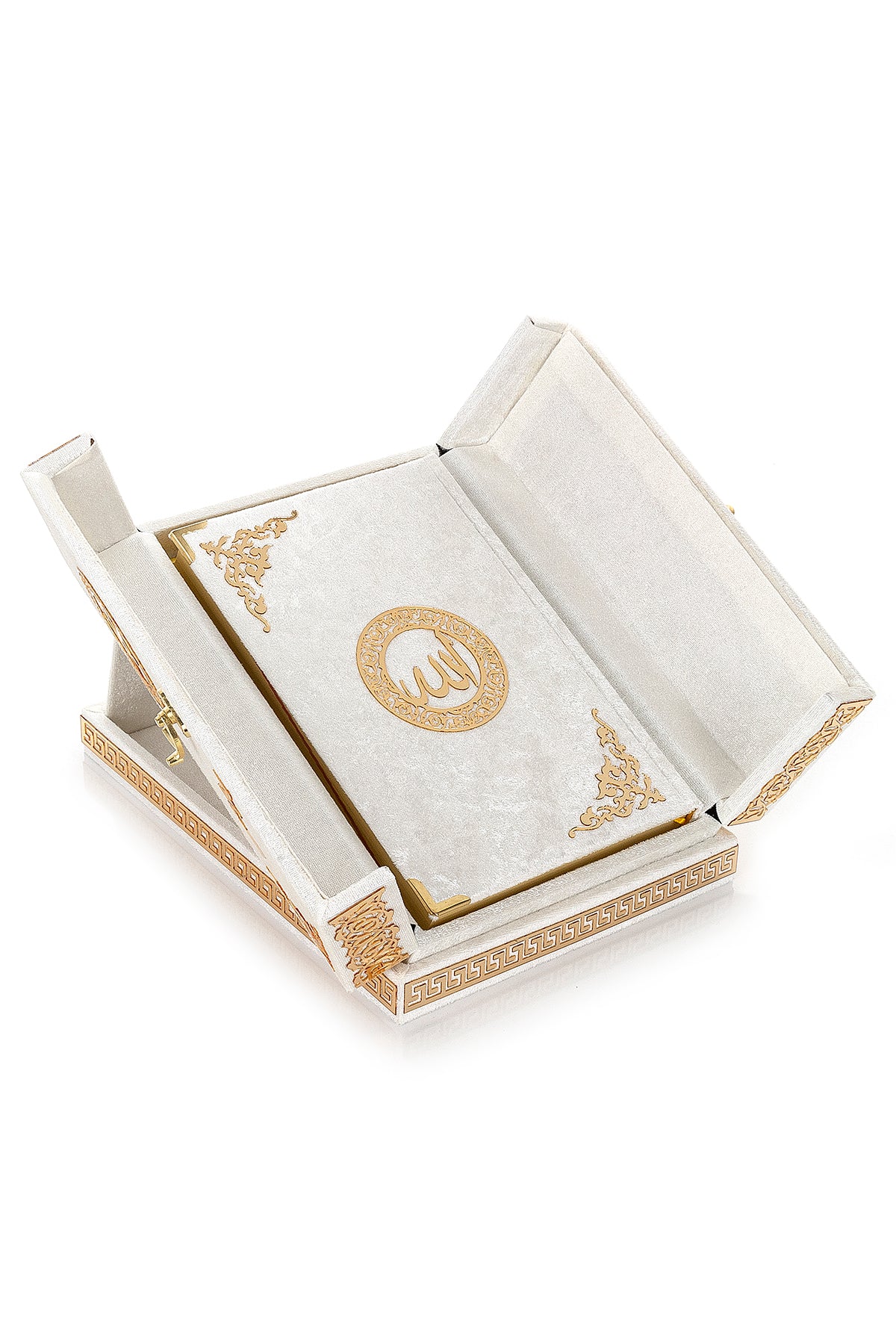 Velvet Covered Holy Quran Set with Double Cover Desktop Stand Box | Islamic Gift for Ramadan, Eid & Nikah - Ihvan