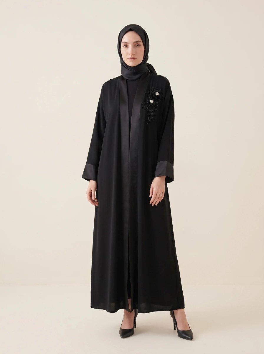Abaya Ferace Handmade Beaded Stone Flower Embroidered Satin Shawl with Collar Belt 9647 - 26 - Black - ihvan