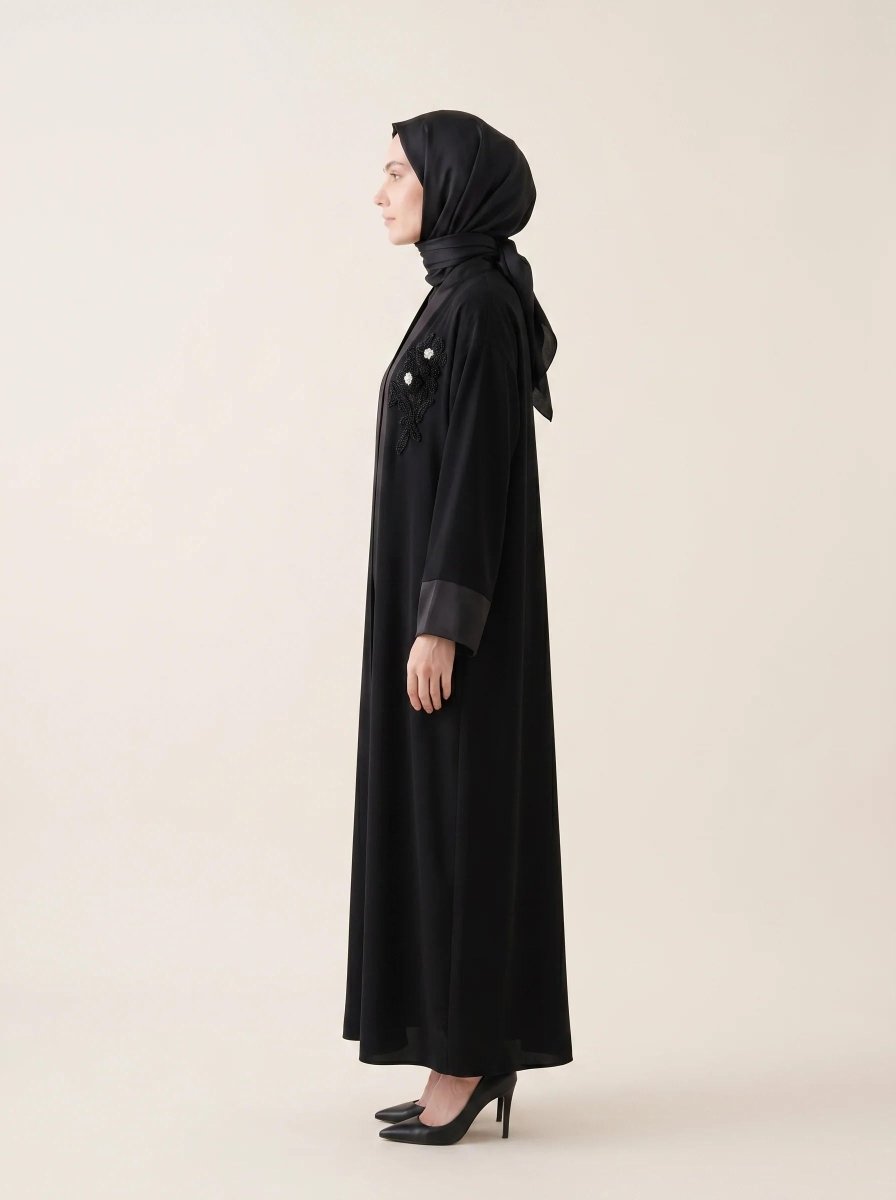 Abaya Ferace Handmade Beaded Stone Flower Embroidered Satin Shawl with Collar Belt 9647 - 26 - Black - ihvan