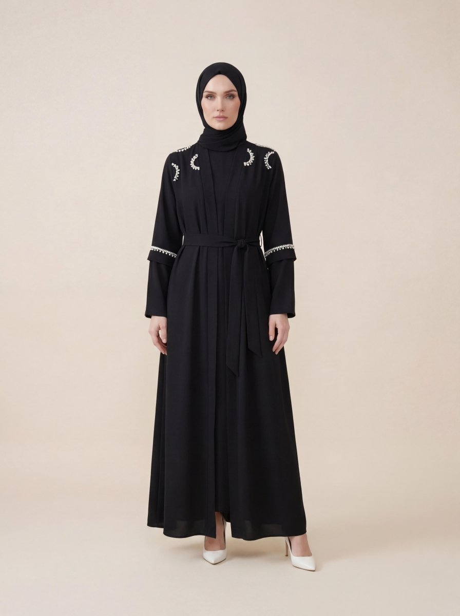 Abaya Short Sleeve Pearl Stone Detail Belted Open Front Ferace 9629 - 26 - Black - ihvan