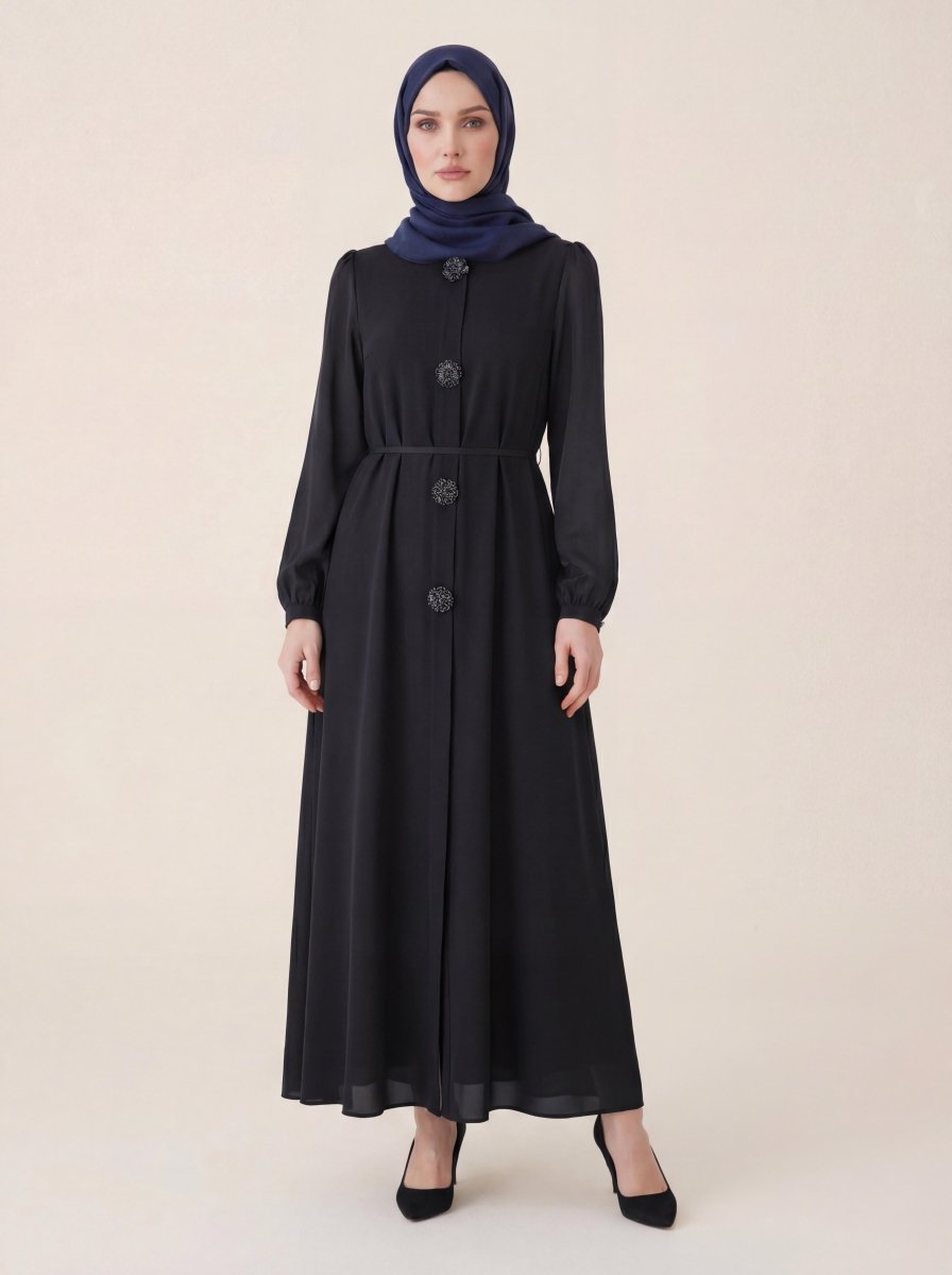 Abaya with Satin Belt, Button Detail, Crew Neck, Long Sleeves, Black 9247 - 26 - ihvan