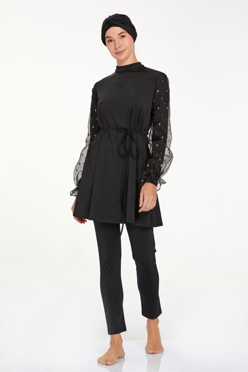 Adasea 4557 Black Lycra Chiffon Full Coverage Hijab Swimsuit Set with Sleeve Detail - ihvan
