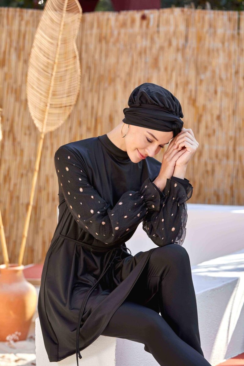 Adasea 4557 Black Lycra Chiffon Full Coverage Hijab Swimsuit Set with Sleeve Detail - ihvan