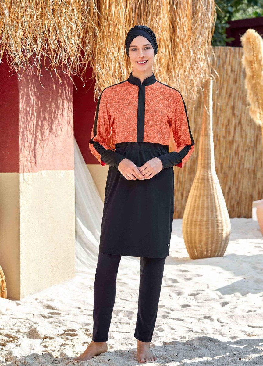 Adasea 4573 - 24 Black Nerea Patterned Modest Swimsuit - ihvan