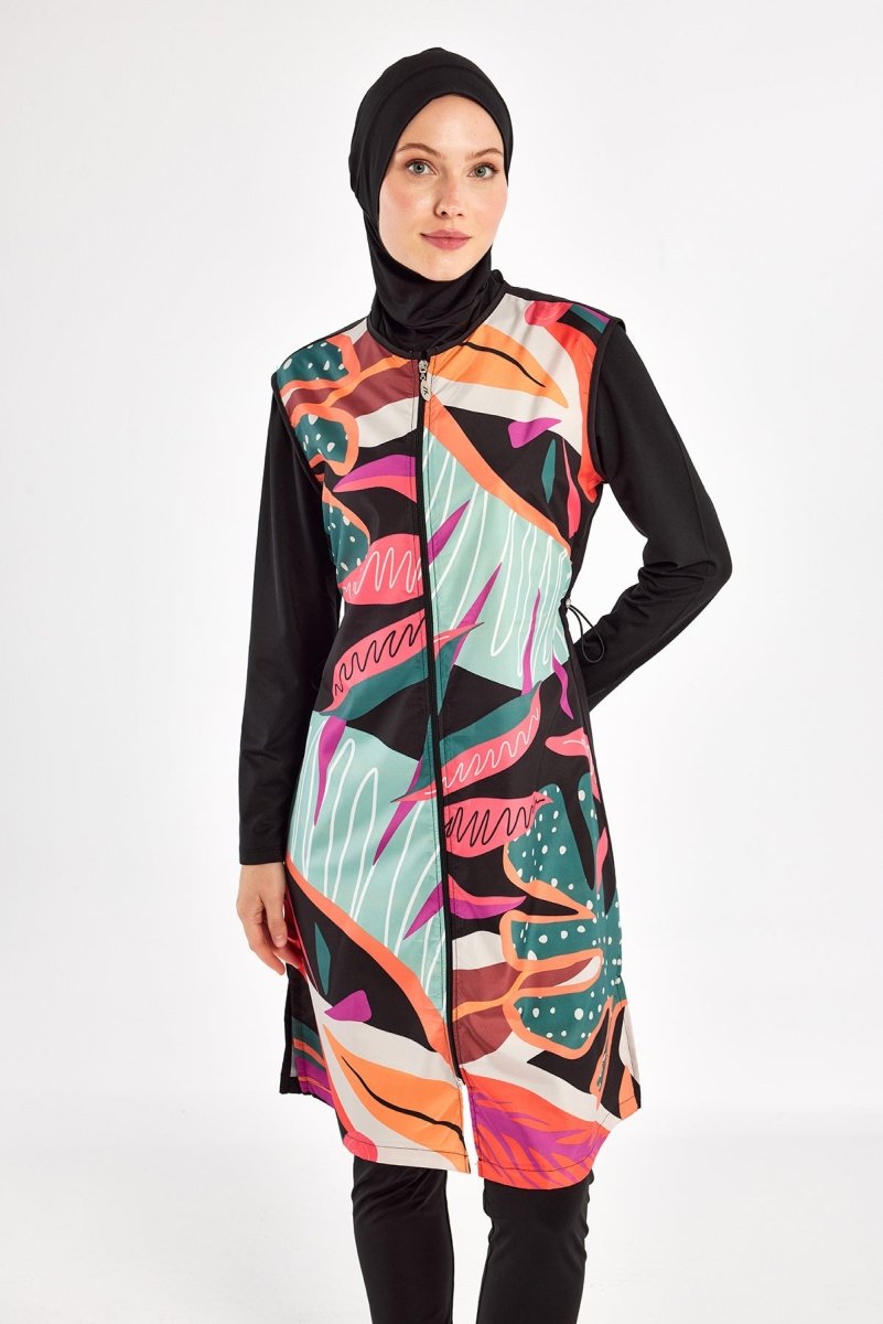 Adasea Kali Long - Sleeve Patterned Quick - Drying Full Coverage Swimsuit 1304 - 25 Black - ihvan