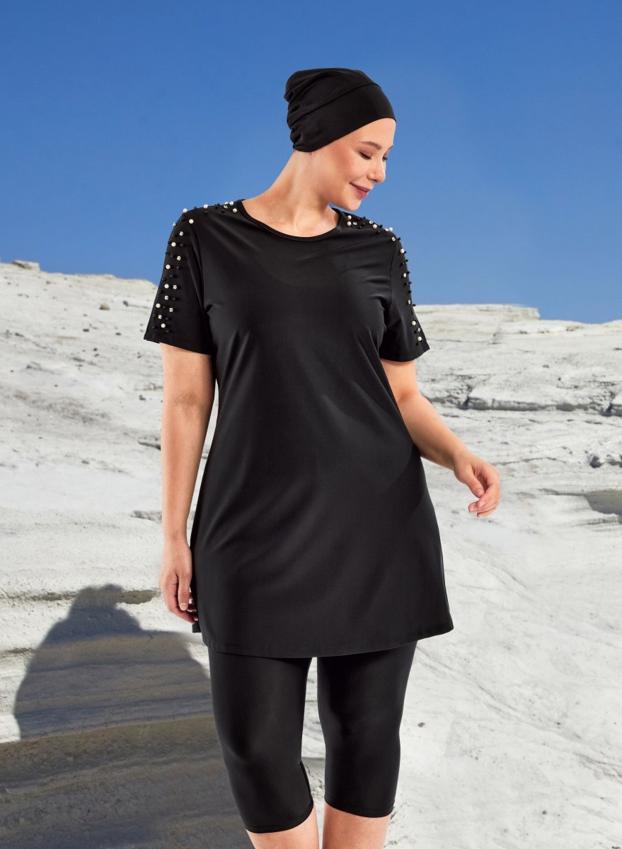 Adasea Tole Short - Sleeved Plus Size Extra Large Semi - Covered Hijab Swimsuit 1805 - 25 Black - ihvan