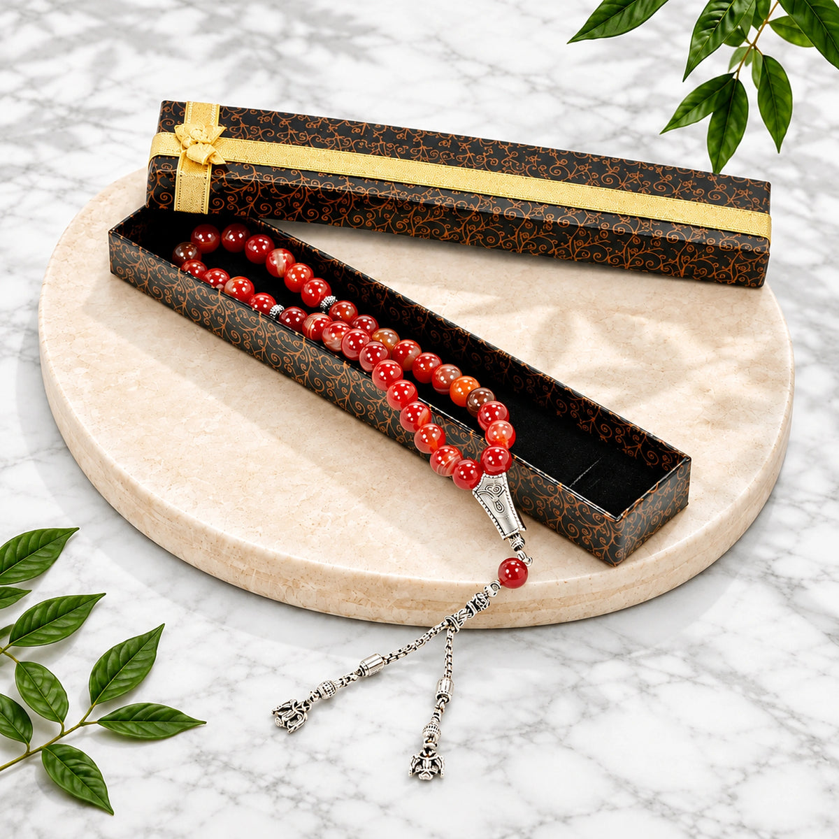 33-Bead Agate Tasbih with Gift Box – 10 mm Round-Cut Prayer Beads