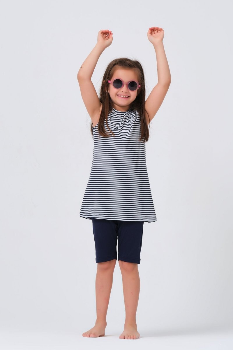Alfasa 23150 Patterned Sleeveless Navy Blue Kids' Swimsuit - ihvan