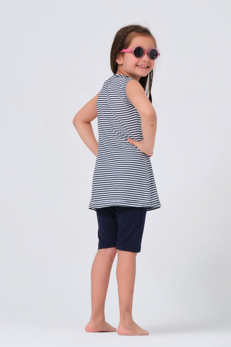 Alfasa 23150 Patterned Sleeveless Navy Blue Kids' Swimsuit - ihvan