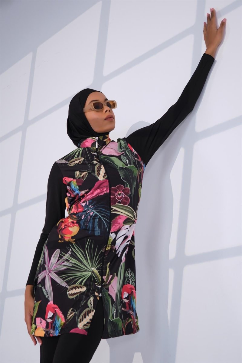 Alfasa 23430 Black and Pink Nature Pattern Full Coverage Hijab Swimsuit - ihvan