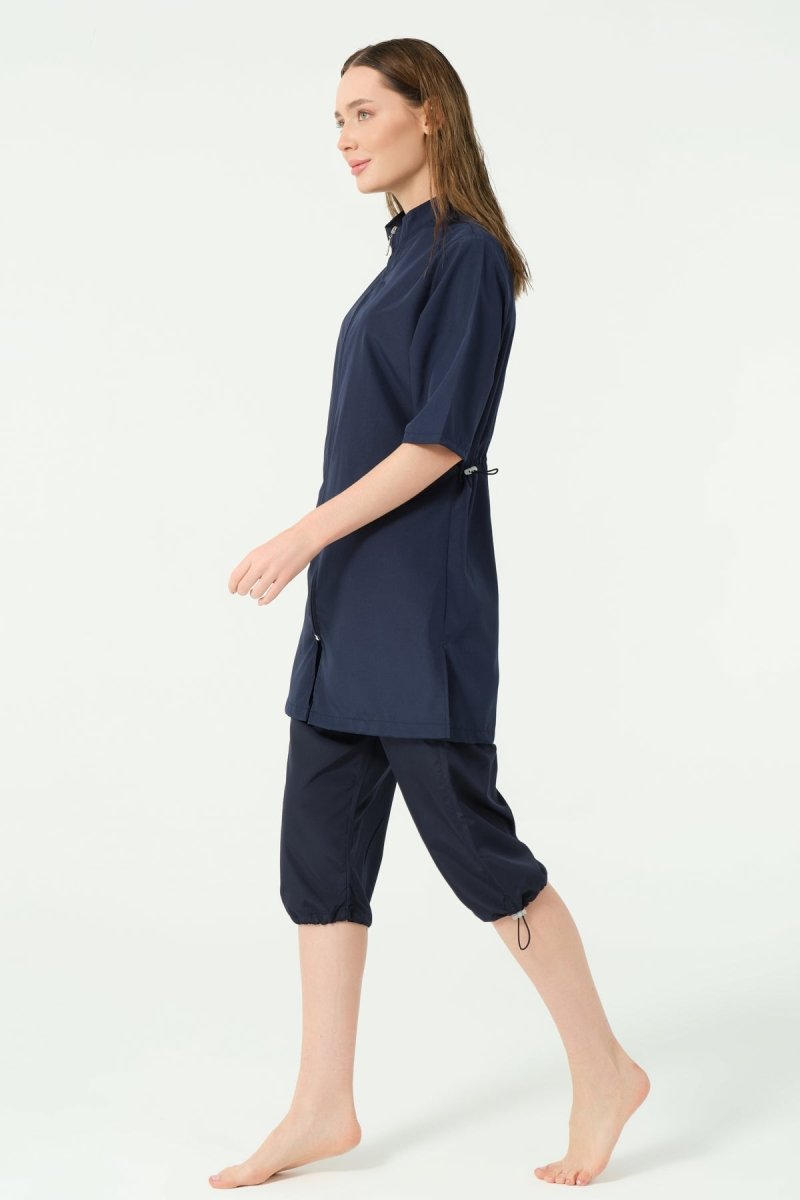 Alfasa Classic Short Sleeve Stand - Up Collar Semi - Closed Swimsuit Navy Blue - 25740 - 25 - ihvan