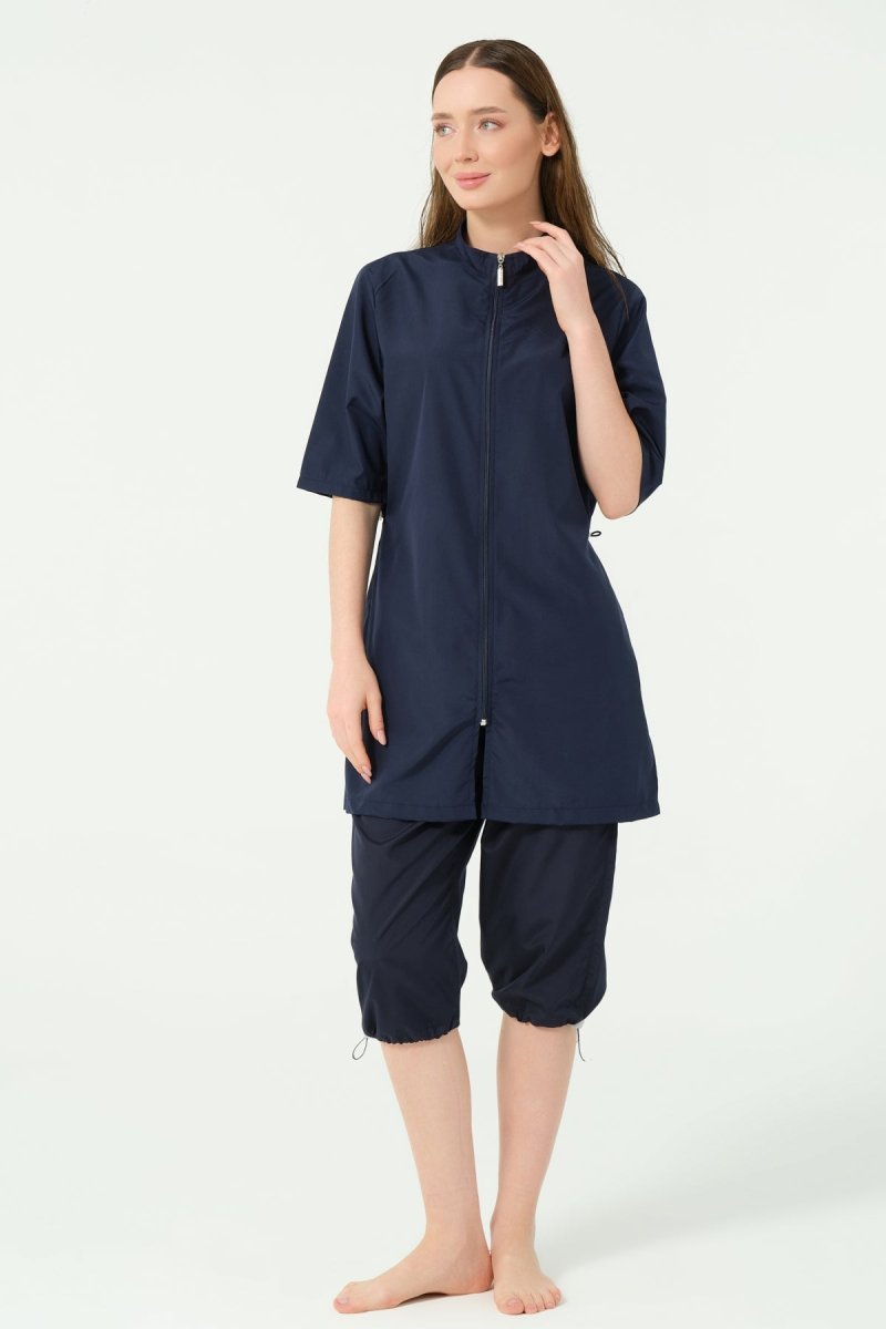 Alfasa Classic Short Sleeve Stand - Up Collar Semi - Closed Swimsuit Navy Blue - 25740 - 25 - ihvan