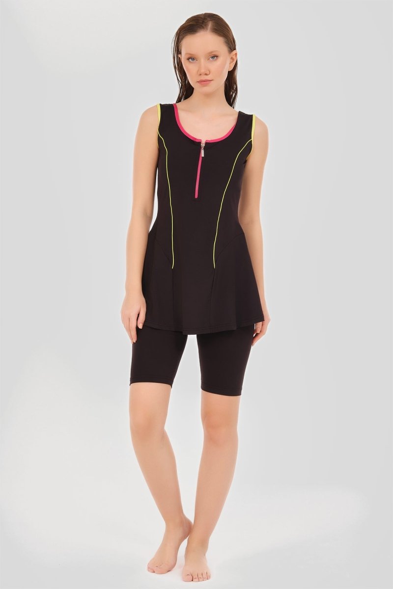 Alfasa Colorful Piping Trimmed Strappy Semi - Closed Swimsuit 24904 - 26 Black - ihvan