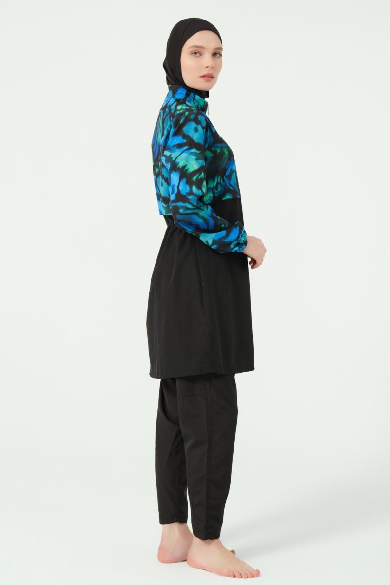 Alfasa Crop - Look Hooded Modest Swimsuit, Long Sleeved, Zippered, 25343 - 26 Black - ihvan