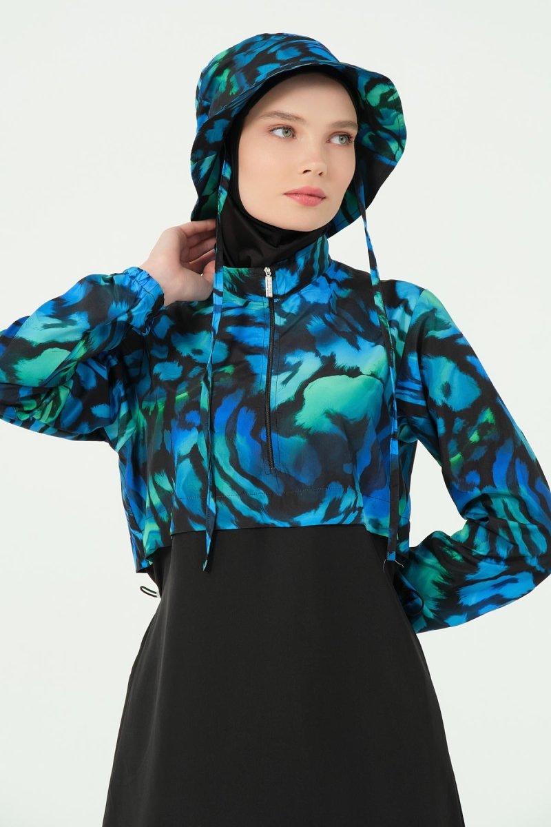 Alfasa Crop - Look Hooded Modest Swimsuit, Long Sleeved, Zippered, 25343 - 26 Black - ihvan