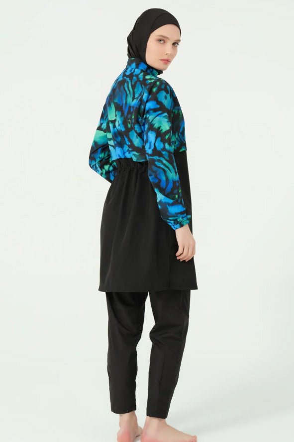 Alfasa Crop - Look Hooded Zippered Fully Covered Hijab Swimsuit 25343 - 25 Black - ihvan